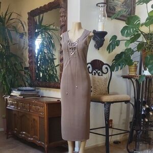 Haani Taupe Lace-Up Sleeveless Midi Dress